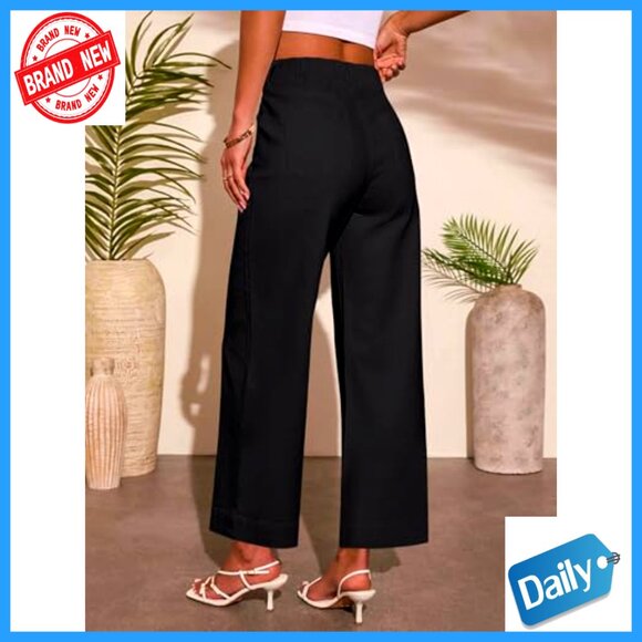 High Waisted Wide Leg Cropped Pants, Stretch Cotton Blend, Casual Office Wear - Picture 2 of 7